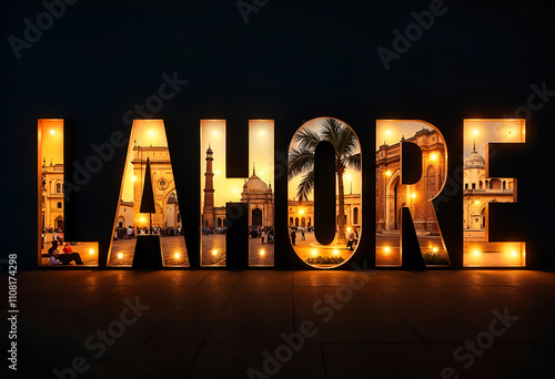 Illuminated Lahore Cityscape, Architecture, Night Lights, Golden Hour, Lahores iconic landmarksmosques, arches, and a palm treeare beautifully depicted within illuminated letters spelling out the city