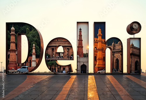 Delhi's Architectural Wonders Iconic Monuments and Cityscape at Sunset, A stunning collage of Delhis architecture Qutub Minar, Jama Masjid, India Gate, and more, beautifully framed within the citys na photo