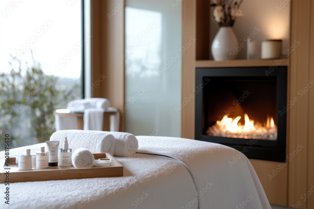Fototapeta premium A cozy spa treatment room featuring a plush treatment bed and neatly arranged skincare products, perfectly complemented by a warm fireplace enhancing relaxation.