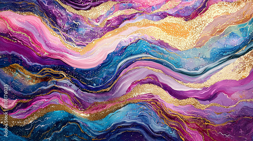 Fluid wavy lines of pink, purple, and blue with golden highlights shimmering along the flowing paths