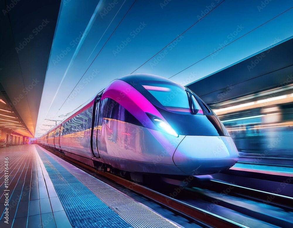 Naklejka premium futuristic high speed train sleek and modern design in a vibrant neon lit station showcasing advanced transportation technology and urban innovation wallpaper digital art poster brainstorming