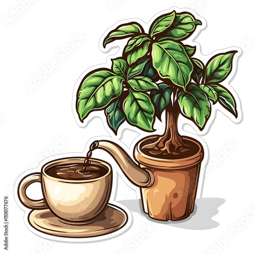 Coffee leaves in a pot, sticker style. AI generate illustration photo