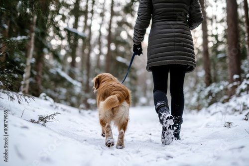 A person walks their golden retriever through a snow-covered trail in the woods, showcasing tranquility and the beauty of winter wildlife and the bond of companionship. photo