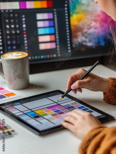 Digital designer using tablet and digital pen. Selecting colors from palette. With computer displaying color charts and image editing software in background