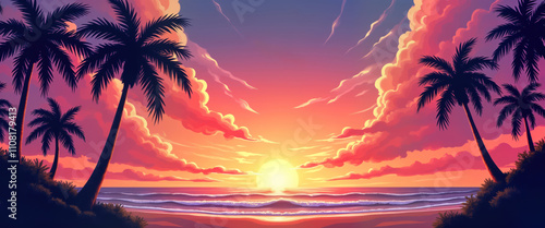 Vibrant sunset over tropical beach. Silhouette palm trees stand against colorful sky. Ocean waves gently crash on shore. Paradise scene. Dramatic colors of orange pink, purple paint clouds. Calm
