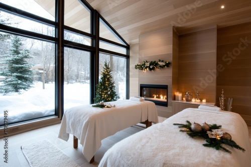 This elegant spa room, adorned with holiday decorations, offers a serene escape into relaxation with views of a snowy landscape, creating a perfect winter retreat experience. photo