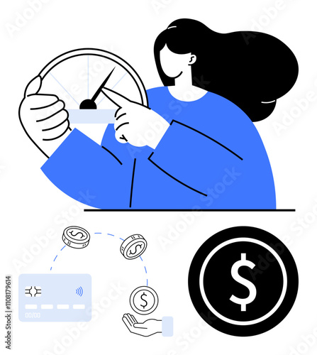 Woman pointing at a speedometer, credit card, coins transferring into a hand, dollar symbol. Ideal for finance, banking, investments, spending management, wealth tracking savings financial