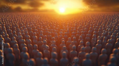 Many tiny figures stand together in large group. Golden sunlight highlights entire crowd. Scene implies unity and collective respect. Sun setting. Illustrates inclusive mindset concept. photo