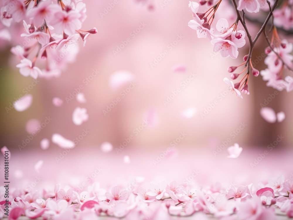 Fototapeta premium Beautiful pink sakura petals falling in the background creating a dreamy and romantic atmosphere, sakura, soft focus