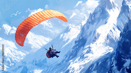 Man paragliding over snowy winter mountain. Majestic. Illustration