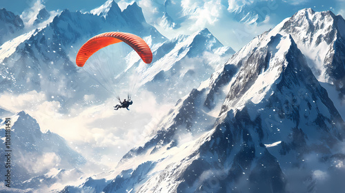 Man paragliding over snowy winter mountain. Majestic. Illustration