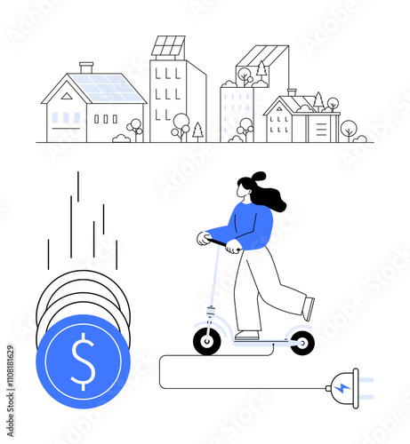 Woman riding electric scooter past energy-efficient buildings, multiple savings coin symbols, and a plug icon. Ideal for sustainability, urban transport, eco-friendly commuting, cost savings, future