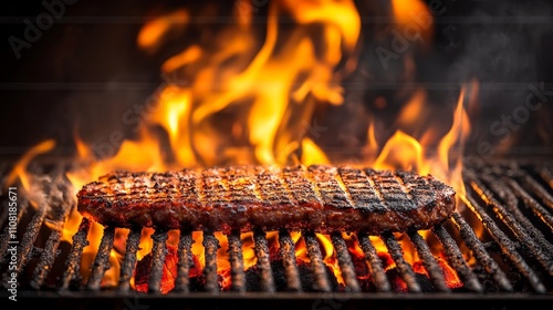 A juicy steak grilling over an open flame, showcasing the art of barbecuing. photo