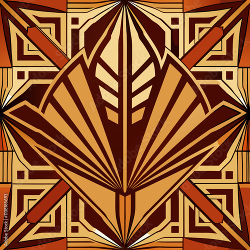 Art deco seamless pattern in warm earth tones with geometric and floral designs