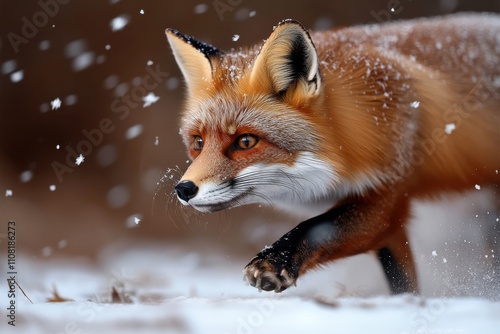 A striking fox is captured running through a snowy field, its fur glistening against the white backdrop. The image captures resilience and beauty in a wintry setting. photo