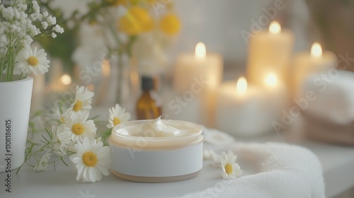 Moisturizing cream surrounded by lit candles and daisies creating relaxing spa ambiance
