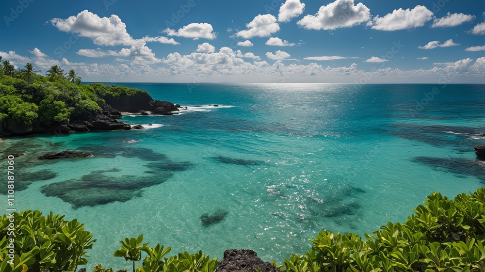 Scenic tropical beach with turquoise water, palm trees, lush greenery, and white waves under a cloudy blue sky. Exotic island landscape. Scenic tropical beach with turquoise water, palm trees, lush greenery, and white waves under a cloudy blue sky. Exotic island landscape.
