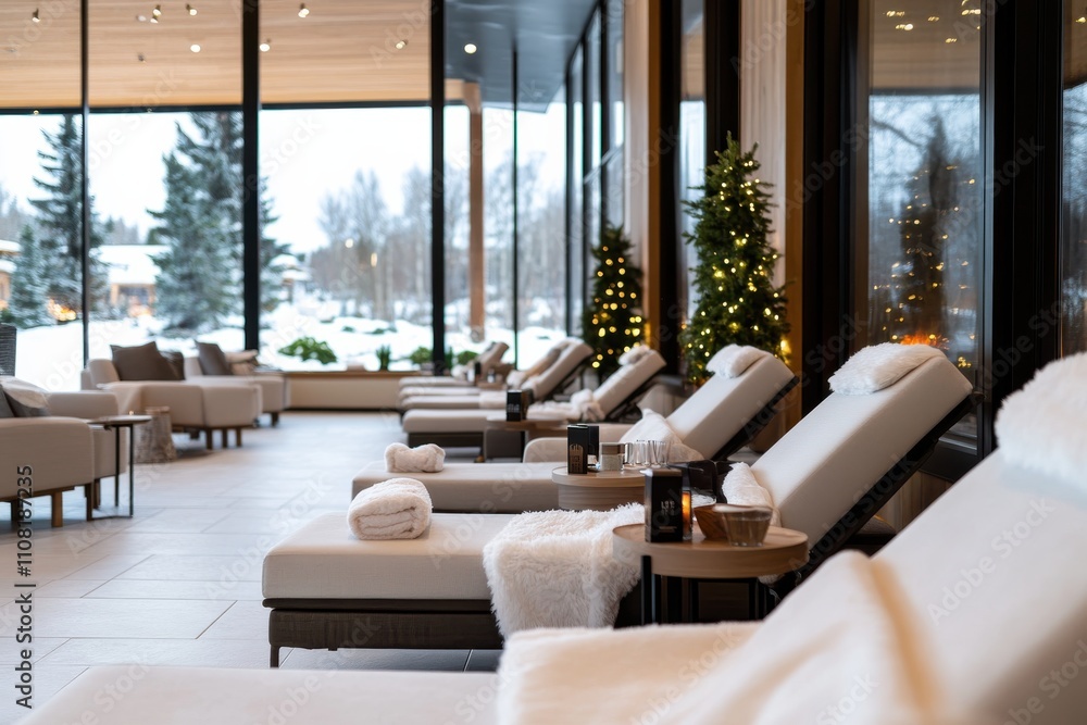 Obraz premium This image captures a serene spa lounge adorned with cozy seating, fluffy blankets, and a breathtaking snowy view outside, promoting relaxation and comfort.