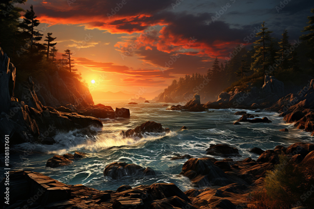 Obraz premium cliff on the ocean shore dawn landscape,. 