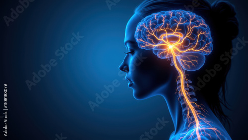 Vagus Nerve Stimulation illustration with a woman's face and glowing brain pathways. photo