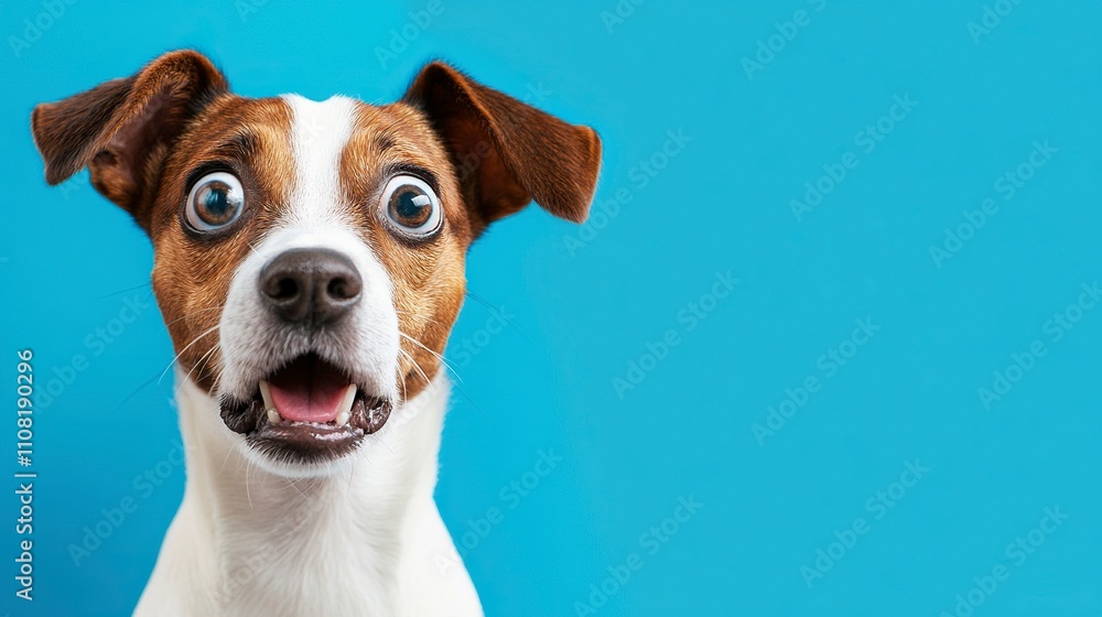 dog with surprised shocked expression eyes on isolated blue background with copy space. dog with surprised shocked expression eyes on isolated blue background with copy space.
