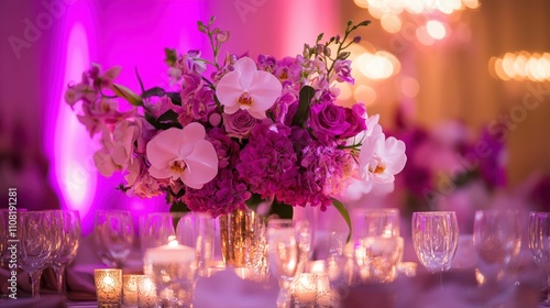 A table with a vase of flowers and candles on it