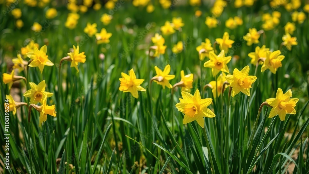 Vibrant yellow daffodil flowers blooming in a lush green field under the bright sun, beauty, seasonal Vibrant yellow daffodil flowers blooming in a lush green field under the bright sun, beauty, seasonal