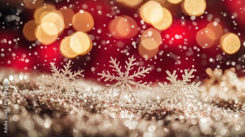 Close-up of snowflakes gently landing on a surface, festive red and gold holiday bokeh in the background photo