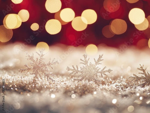 Close-up of snowflakes gently landing on a surface, festive red and gold holiday bokeh in the background photo