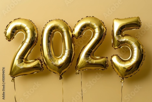 Golden balloons forming the year 2025 on a plain yellow background, creating a festive and celebratory atmosphere for New Year's celebrations. photo