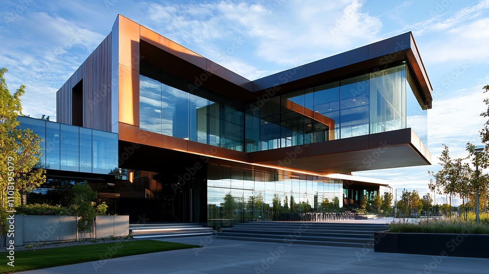 Fototapeta premium Modern glass and metal office building exterior.