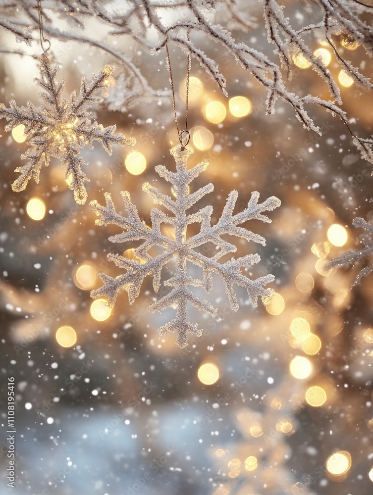 Fototapeta premium Frozen beauty of snowflakes falling in crisp detail, blurred background of cozy warm lights