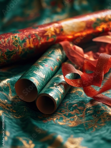Professional close-up of a holiday-themed gift wrapping scene with ribbons, and wrapping paper rolls