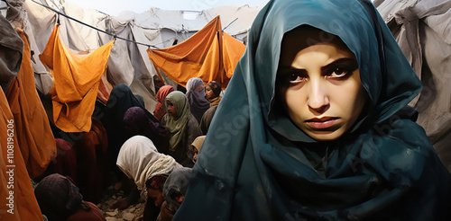 Portrait of Refugees on middle east looking at camera. Homeless people, unhappy and frightened, shawl camps,.    photo