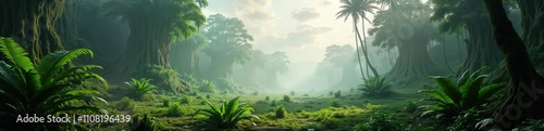 Dense prehistoric jungle landscape shows towering megaflora giant ferns, colossal flowers. Rich green plants, misty sky create vibrant scene. Huge trees with thick roots fill vista. Ideal for