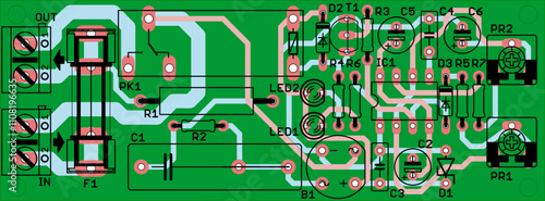 Vector printed circuit board of electronic device with components of radio elements, conductors and contact pads placed on pcb. Engineering technical educational drawing. Computer technic cad design.
