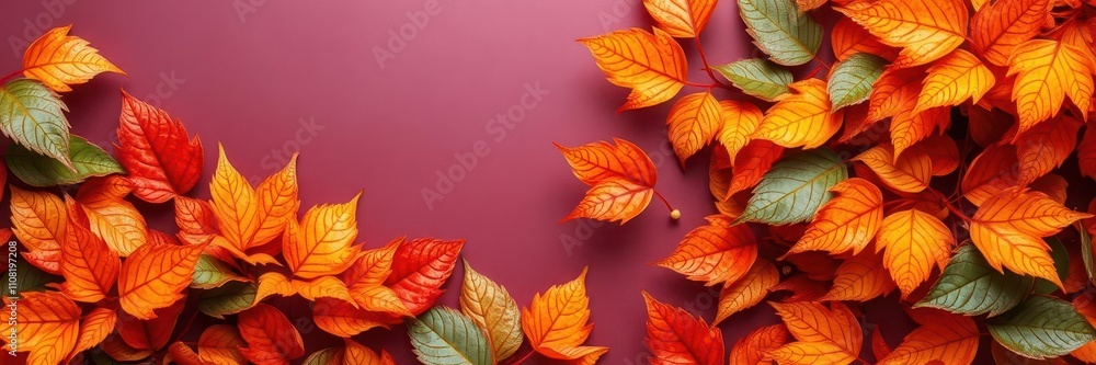 Fototapeta premium Dry orange metallic leaves arranged in a beautiful pattern on a vibrant violet background, design, autumn