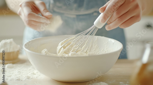 Close-up baking preparation: whisking batter for homemade delights photo