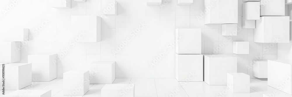 Obraz premium Randomly scattered white cube boxes create a modern and minimalist block background, perfect for a banner or wallpaper, abstract, geometric, design