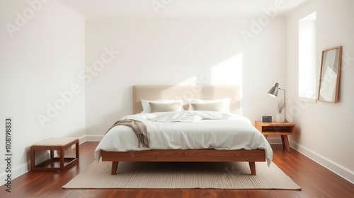 Scandinavian style bedroom with a spacious king size bed decorated in neutral colors and minimalistic decor, contemporary, decor