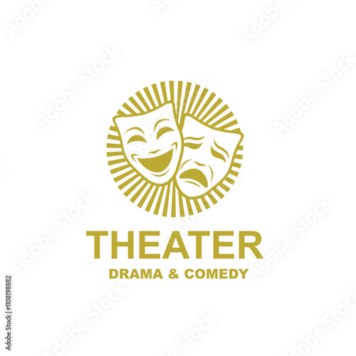 icon of golden comedy and tragedy theatrical masks isolated on white background