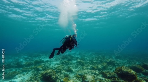 Wallpaper Mural Diver explores vibrant coral reef in clear blue waters during an underwater adventure Torontodigital.ca