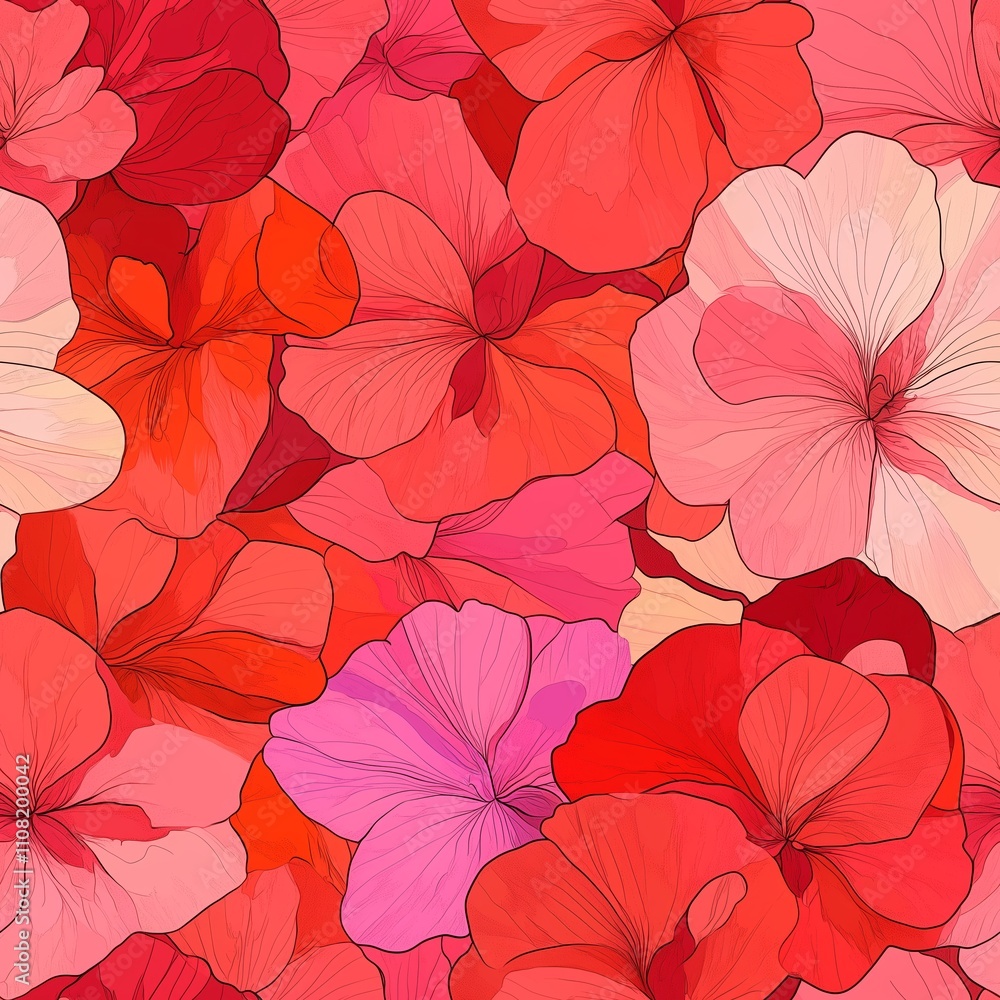 Vibrant display of red and pink flowers in a lively floral pattern and design Vibrant display of red and pink flowers in a lively floral pattern and design