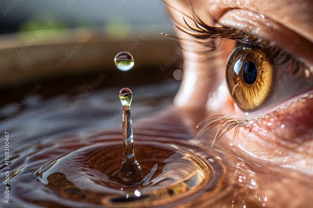 Closeup of brown human eye with water droplet, vision and eyesight, anatomy background