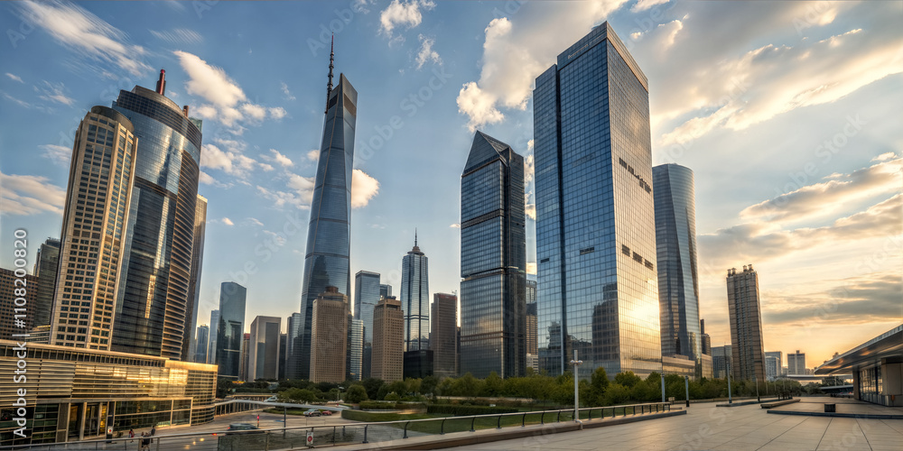 Modern urban cityscape background, buildings and architecture under blue sky, skyscrapers,