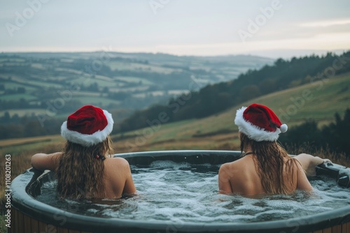 At sunset, two women clad in Santa hats enjoy a Christmas celebration in a hot tub, encircled by verdant hills. photo