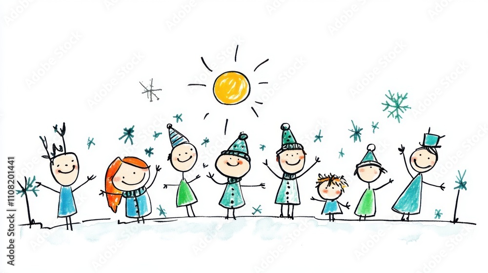 Fototapeta premium Cheerful Hand-Drawn Winter Scene with Happy Kids Celebrating the Season Under the Bright Sun Surrounded by Snowflakes and Smiling Expressions