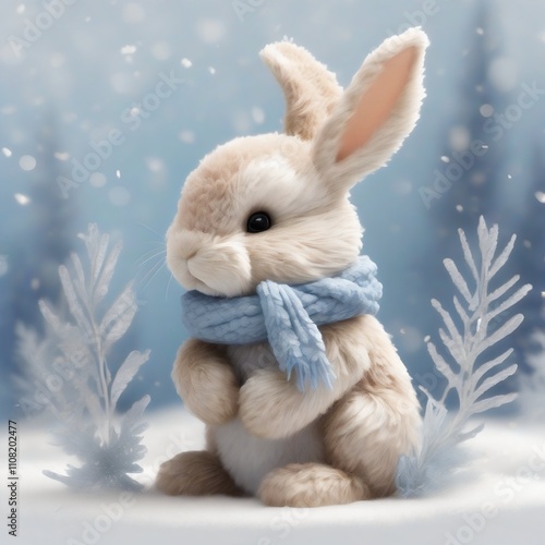 Adorable bunny wearing a blue scarf sitting on snow with frosted plants, surrounded by a serene winter landscape, symbolizing warmth and seasonal charm