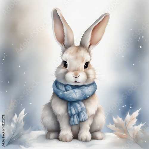 Adorable bunny wearing a blue scarf sitting in snow with frosty leaves, surrounded by a soft wintery atmosphere, symbolizing warmth, innocence, and seasonal beauty