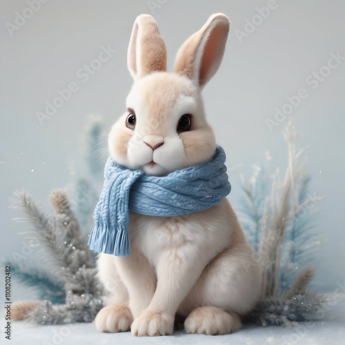 Adorable white bunny wearing a blue scarf, sitting among frosted winter plants, symbolizing warmth, innocence, and the charm of the winter season